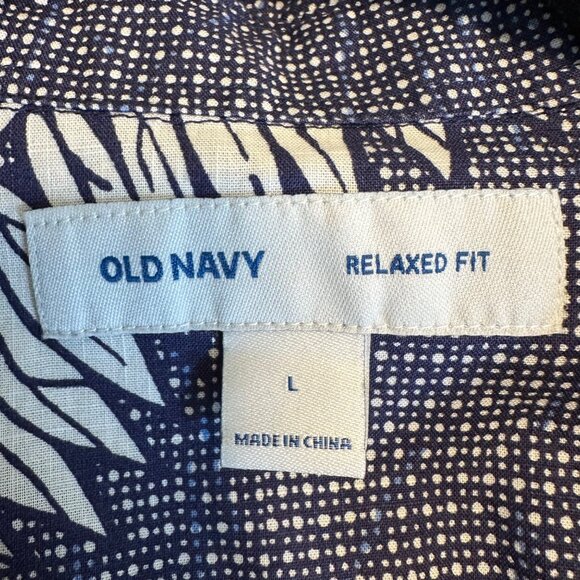 Old Navy Mens Relaxed Fit Navy White Tropical Print Cotton Short Sleeve Shirt L - Picture 6 of 10